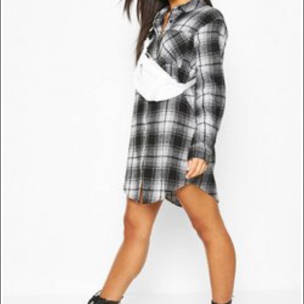 Buckle Black Gray Plaid Flannel Tunic Dress Shirt